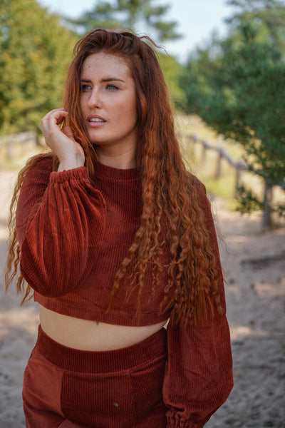 Marleen Crop Pullover sienna – Cord knit jumper with balloon sleeves