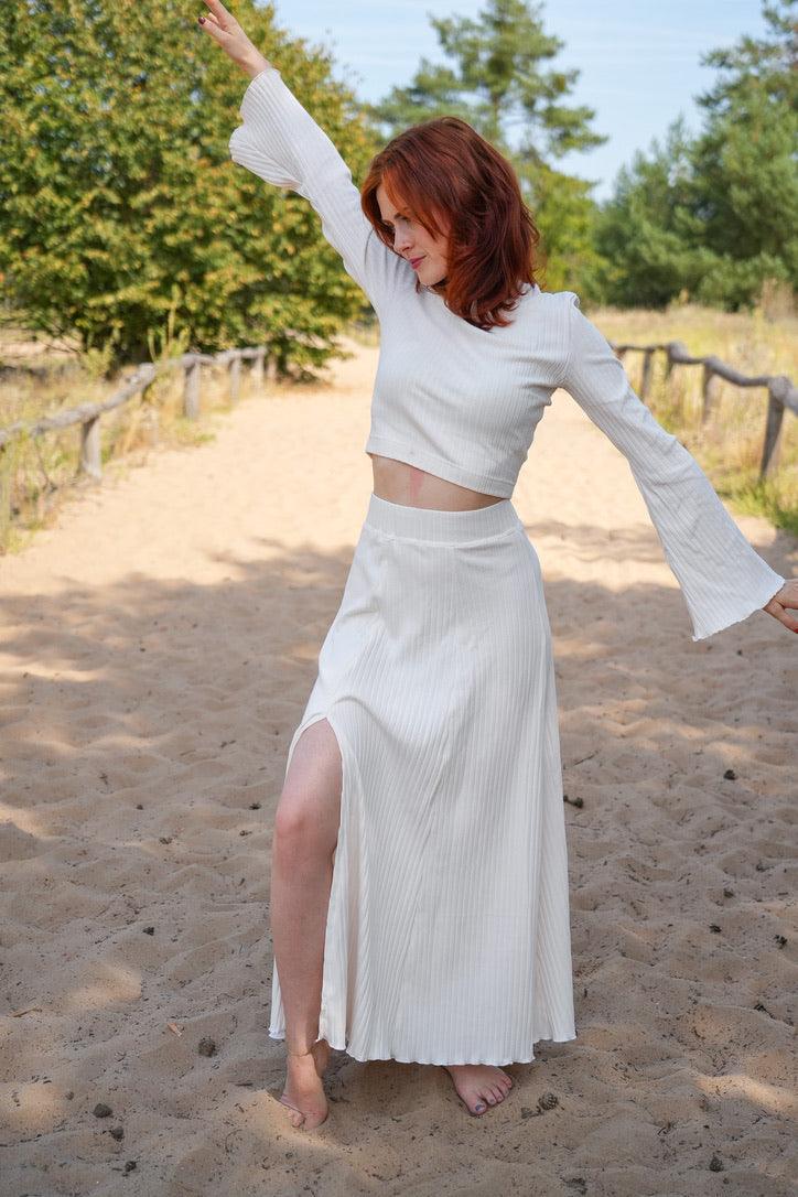 Lya Long Skirt creamy white – flowing cut, elasticated waist, side slit — Ansicht 6