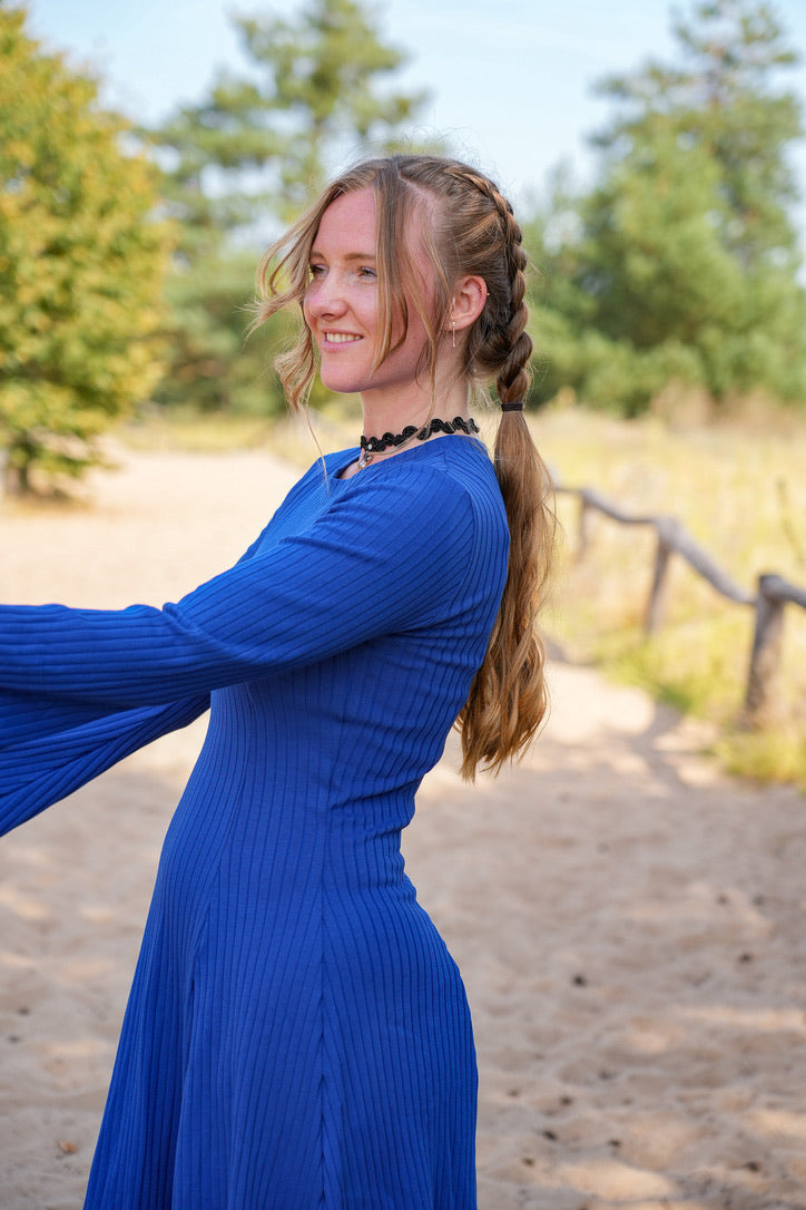Lya Dress cobalt blue – Ribbed Long Sleeve Women's Dress — Ansicht 6