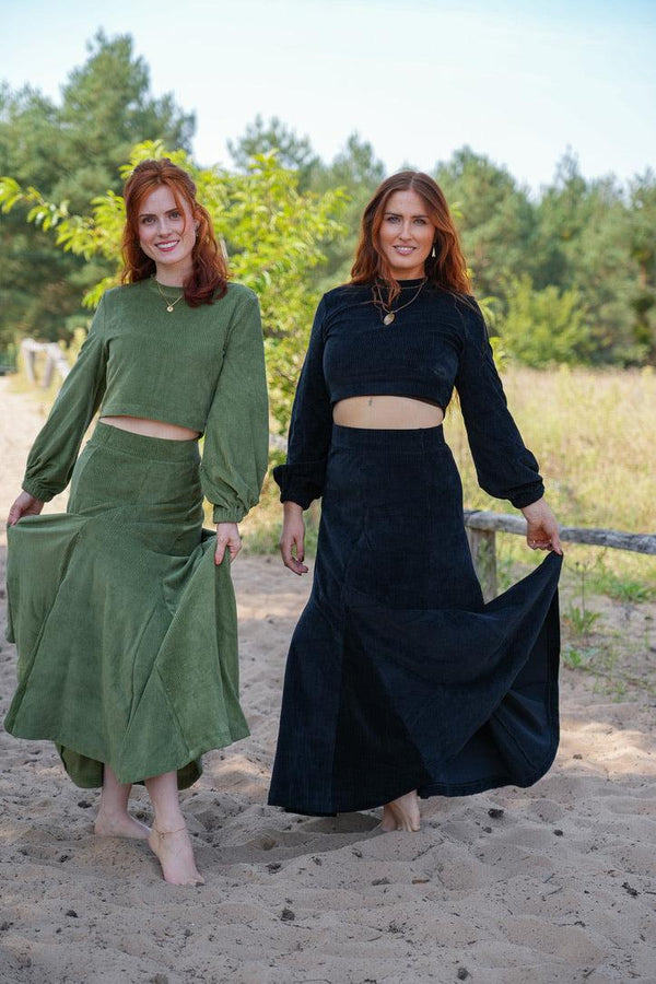 Marleen Rock olive – Elegant corduroy skirt with elastic waistband & godets