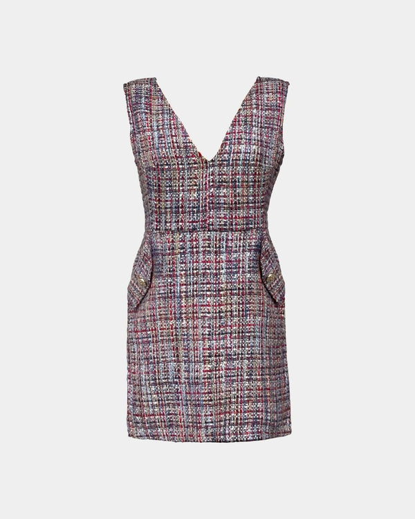 Tweed Bouclé Couture Dress – 3D Texture, V-Neck, Fitted