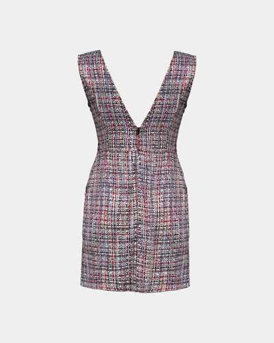 Tweed Bouclé Couture Dress – 3D Texture, V-Neck, Fitted