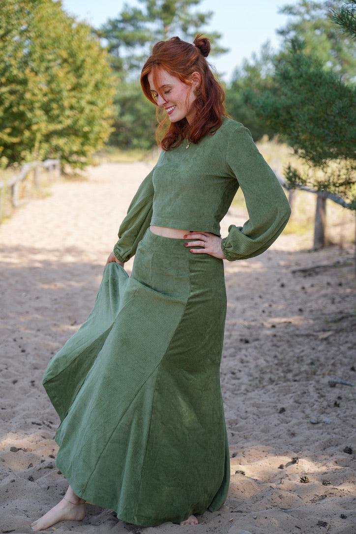 Marleen Rock olive – Elegant corduroy skirt with elastic waistband & godets — Ansicht 7