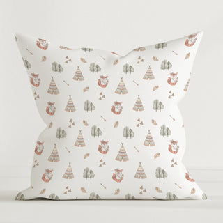 Dekokissen „Boho Fuchs“ 40×40 cm – OEKO‑Tex Baumwolle, GOTS‑Farben, boho‑inspiriertes Fuchs‑Tipi‑Motiv, weich und hautfreundlich fürs Kinderzimmer
