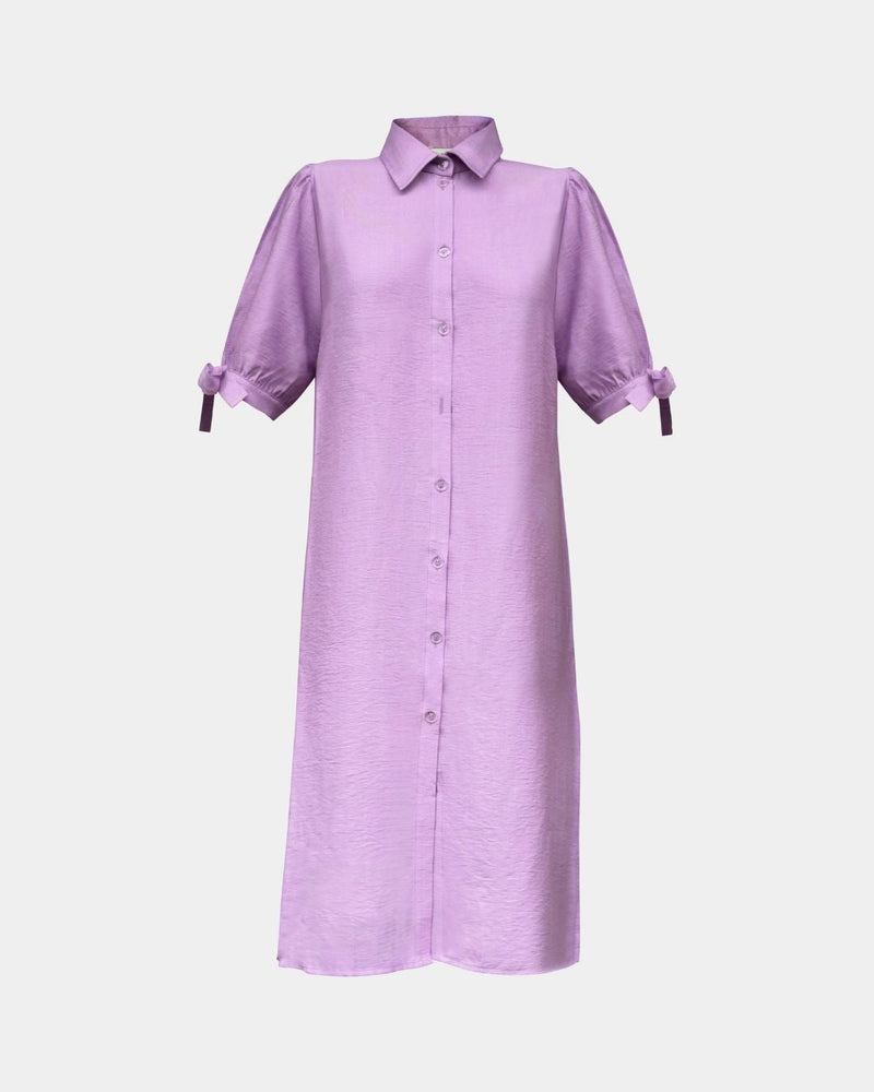 A-Line Linen Dress Lavender – 100% Linen, adjustable puff sleeves, size XL — Aline CELI