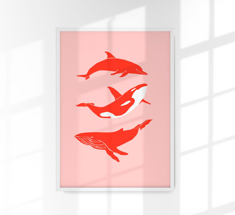 Whale & Dolphin Pink Poster – Meeresmotive Fine Art Print — Patroa Studio