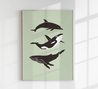 Whale & Dolphin Green Poster – Meeresmotive | Fine Art Print | Moderne Wandkunst