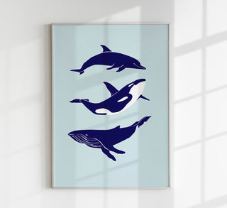 Whale & Dolphin Blue Poster – Meeresmotive | Fine Art Print | Maritime Kunst