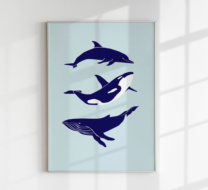 Whale & Dolphin Blue Poster – Fine Art Print Meeresmotive — Patroa Studio