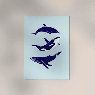 Whale & Dolphin Blue Poster – Fine Art Print Marine Motifs