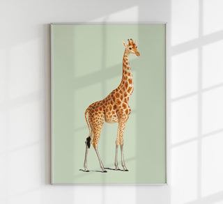 Giraffa Green Poster, moderner Fine-Art-Giraffen-Kunstdruck vor grüner Kulisse mit reduzierter Illustration auf säurefreiem Papier oder Canvas
