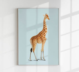 Giraffe Blue Poster, moderner Fine-Art-Giraffen-Kunstdruck in kühlen Blautönen mit reduzierter Illustration auf säurefreiem Papier oder Canvas
