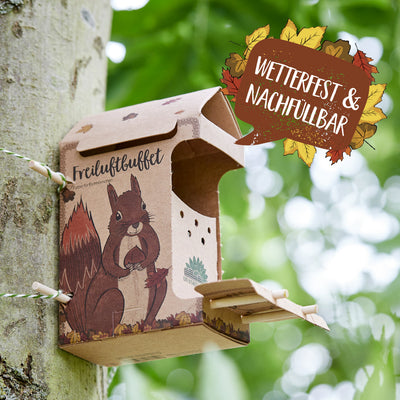 Freiluftbuffet für Eichhörnchen – Naturkarton Futterstation 200g