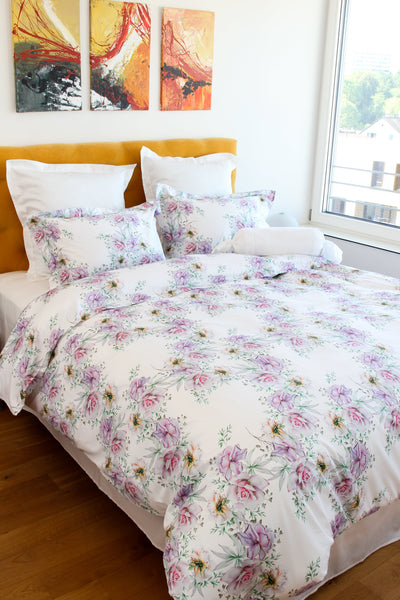 White Rose Bed Linen Set – 100% Mercerized Cotton, Swiss Satin 300 TC, Easy Iron