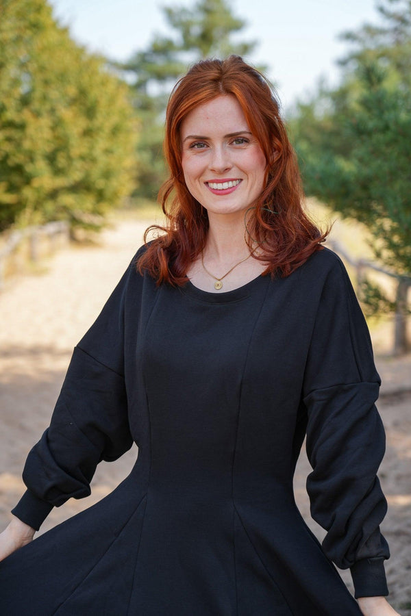 KAYLA Dress Black – Organic Cotton, Balloon Sleeves, Elegant & Casual