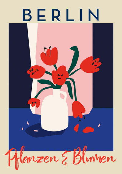 Berlin Plants and Flowers Red and Blue Graphic Art Poster – Handgefertigt in Berlin