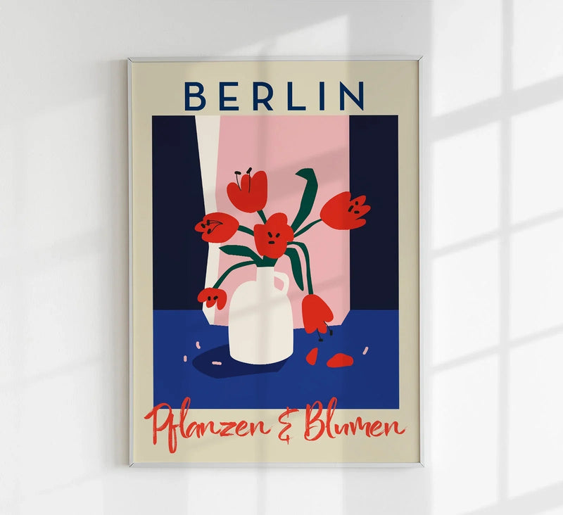 Berlin Plants and Flowers Red and Blue Graphic Art Poster – Handmade in Berlin — Patroa Studio
