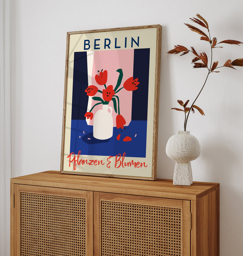 Berlin Plants and Flowers Red and Blue Graphic Art Poster – Handgefertigt in Berlin — Ansicht 2