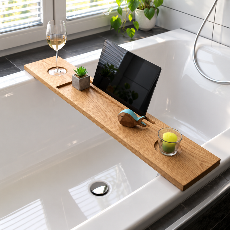 Badewannenablage LEA aus Eichenholz – Wannenbrett mit Tablet-Fräsung — Woodkopf