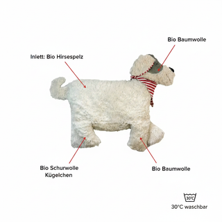 Bio Kuschelkissen Hund aus Bio Baumwollplüsch mit Hirsespelz Füllung