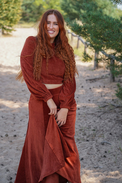 Marleen Rock sienna – Elegant Cord Skirt | Elastic Waistband & Godets | Sustainable
