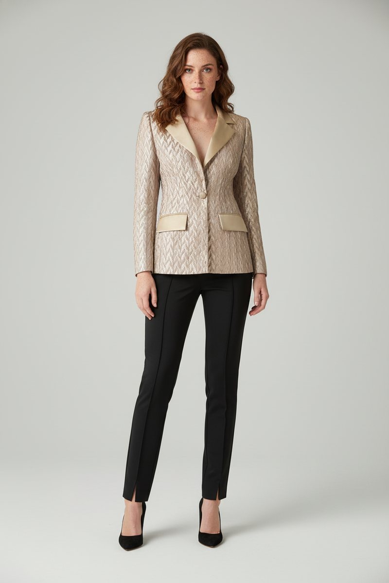 ALINE CELI COUTURE Brocade Blazer Gold Relief Satin Lapels Recycled — Ansicht 3