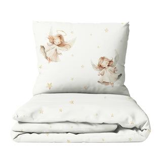 Kinderbettwäsche „Christkind“ mit Sternen & Schneefall, Größen 135×200/80×80 & 100×135/40×60, Musselin oder Baumwoll‑Satin, OEKO‑Tex – besinnliche Weihnachtsnächte
