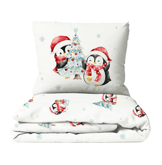 Kinderbettwäsche „Winter Pinguine“ mit Pinguinen & Schneeflocken, Größen 135×200/80×80 & 100×135/40×60, Musselin oder Baumwoll‑Satin, OEKO‑Tex – nordischer Winterzauber
