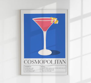 Leuchtend grafische Darstellung eines Cosmopolitan-Cocktails in zeitgenössischem Stil, mit klarem Farbspiel und moderner Mixology-Ästhetik.
