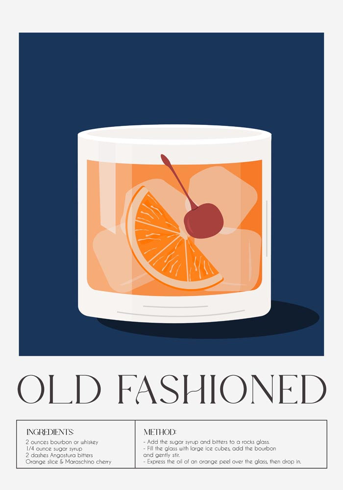 Old Fashioned Drink Dark Blue Art Poster – Modernes Grafikdesign Tiefblaue Farbpalette — Ansicht 3
