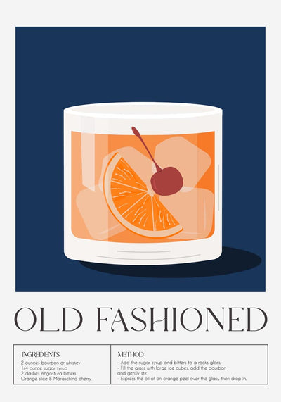 Old Fashioned Drink Dark Blue Art Poster – Modern Graphic Design Deep Blue Color Palette