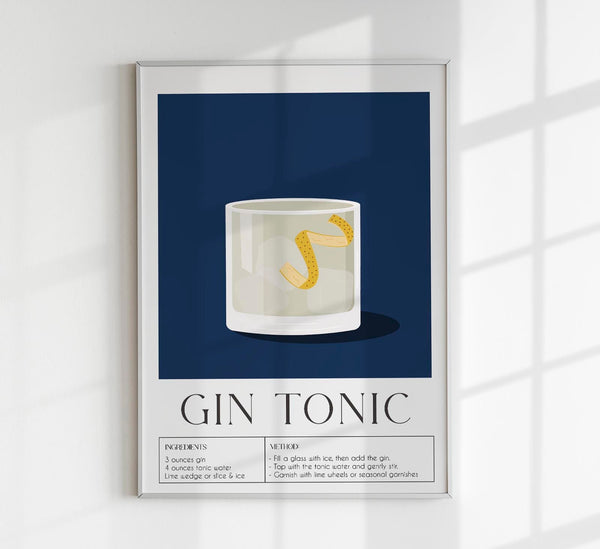 Gin and Tonic Drink Dark Blue Art Poster – Fine Art Print Contemporary Bar Art