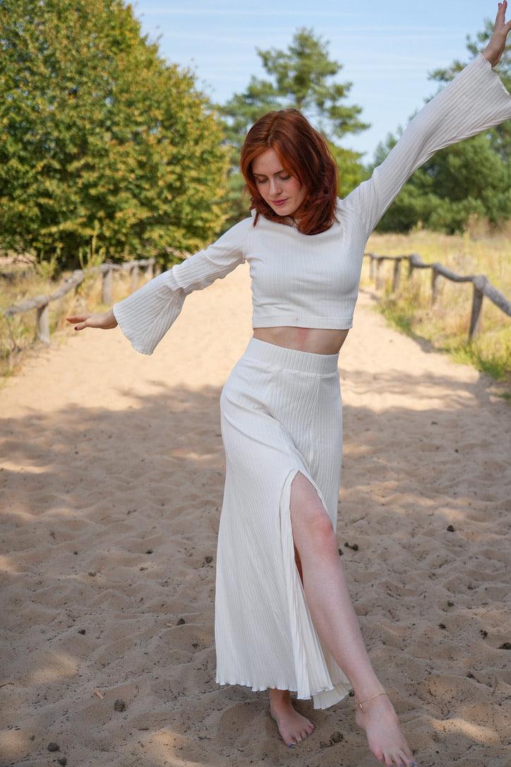 Lya Long Skirt creamy white – flowing cut, elasticated waist, side slit — Ansicht 3