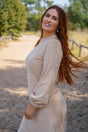 Marleen long sweater dune – hip-length sweater, balloon sleeves, organic cotton