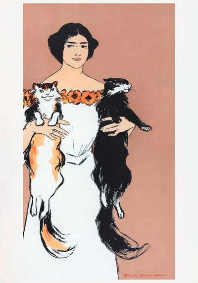 Woman holding cats by Edward Penfield – Vintage Art Print