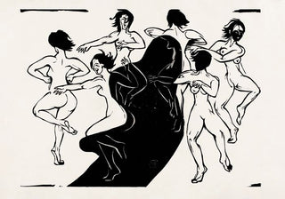 Nudes Dancing Around a Shadow by Ernst Kirchner – Expressionistisches Holzschnittwerk | Schwarz-Weiß Komposition | Dynamische Bewegung