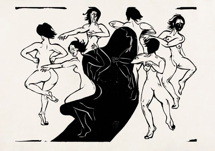 Nudes Dancing Around a Shadow – Ernst Kirchner Expressionist Woodcut Black and White — Ansicht 3