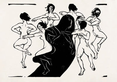 Nudes Dancing Around a Shadow – Ernst Kirchner Expressionist Woodcut Black and White