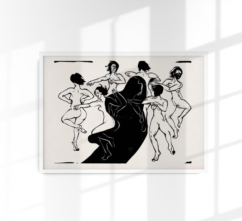 Nudes Dancing Around a Shadow – Ernst Kirchner Expressionist Woodcut Black and White — Patroa Studio