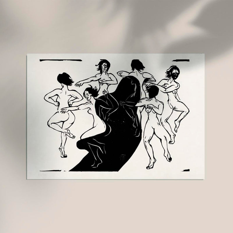 Nudes Dancing Around a Shadow – Ernst Kirchner Expressionist Woodcut Black and White — Ansicht 2