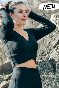 FARRAH Crop Pullover black - wrap design with ruffles — Ansicht 5