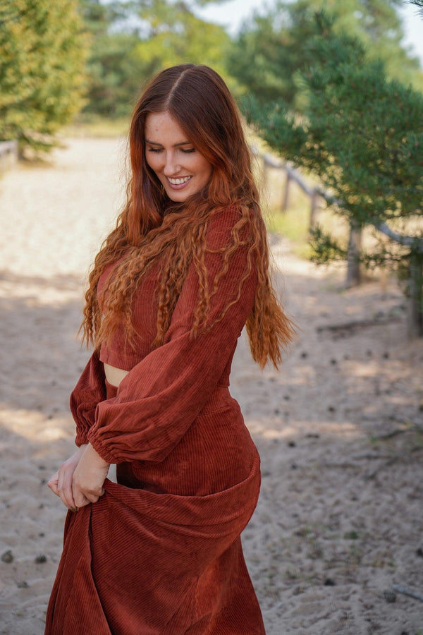 Marleen Crop Pullover sienna – Cord knit jumper with balloon sleeves