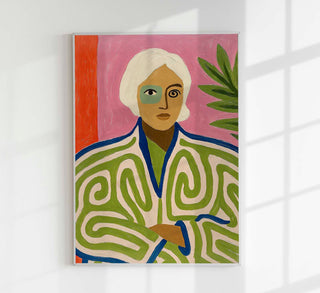 Girl & Exotic Jacket Art Print, moderner Fine-Art-Kunstdruck mit stilisierter weiblicher Figur in auffälliger, exotischer Jacke im Fashion-Illustrationsstil auf säurefreiem Papier oder Canvas
