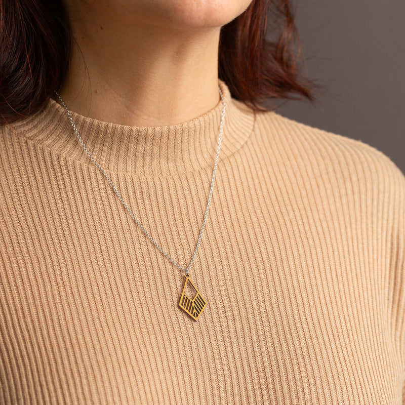 "Tribe" Necklace Wooden Pendant - Stainless Steel, Handmade — Ansicht 33