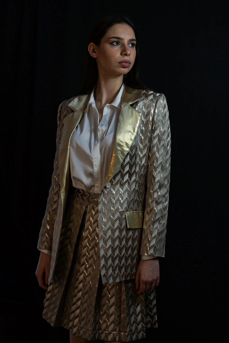 Amora Blazer – Recycled Polyester with Geometric Pattern & Shiny Lapel — Aline CELI