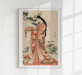 Geisha with long hair by Eishi Hosoda Poster – japanischer Holzschnitt-Figurenszene-Print als Fine Art Wandkunst für Wohnzimmer, Schlafbereich, Flur oder Galerie-Wall im stilvollen Bijin-ga-Stil
