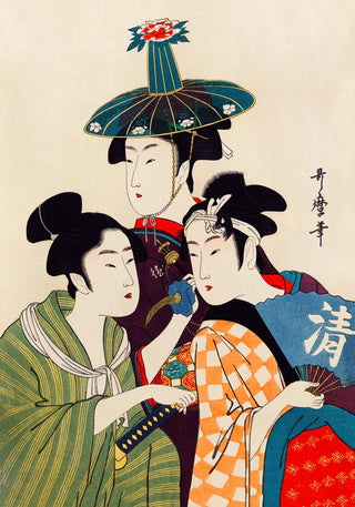 3 Geishas and a Blue Hat – Japanische Kunst | Fine Art Print | UV-beständig