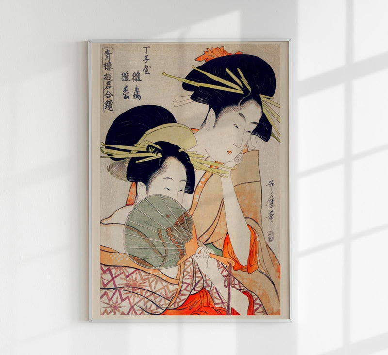 Two Geishas and a Green Fan by Utamaro Kitagawa – Japanischer Holzschnitt Fine Art Print — Patroa Studio