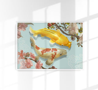 Japanisch inspirierte Illustration mehrerer Koi-Fische, die in geschwungenen Bahnen durch ruhiges Wasser gleiten, mit feinen Linien und harmonischer Farbpalette als Fine-Art-Poster gerahmt an einer hellen Wand in einem dezent eingerichteten Raum
