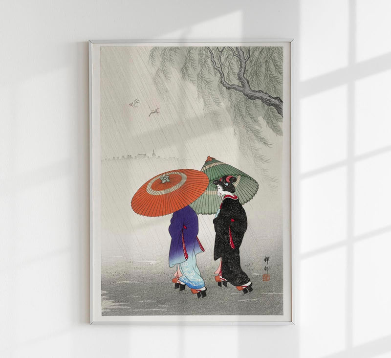 Two Women in the Rain by Ohara Koson – Japanischer Holzschnitt Kunstdruck — Patroa Studio